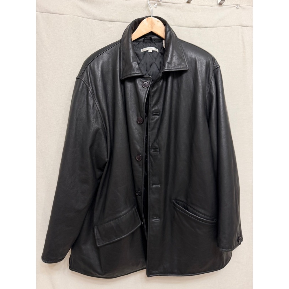 Perry Ellis Leather Quilted Coat Black XL Vintage 90s Button Car Jacket